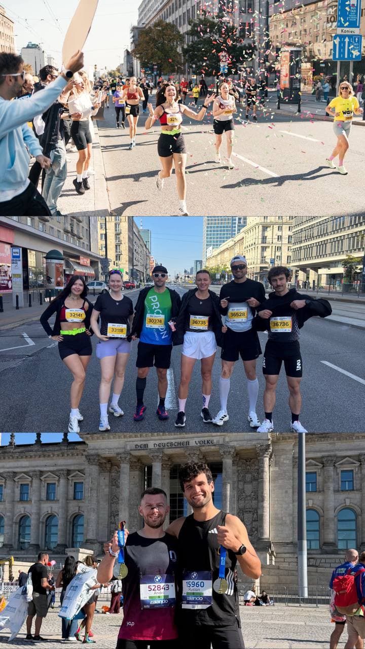Race-day collage: URC runners on course, a group with medals, and two finishers in front of the Reichstag