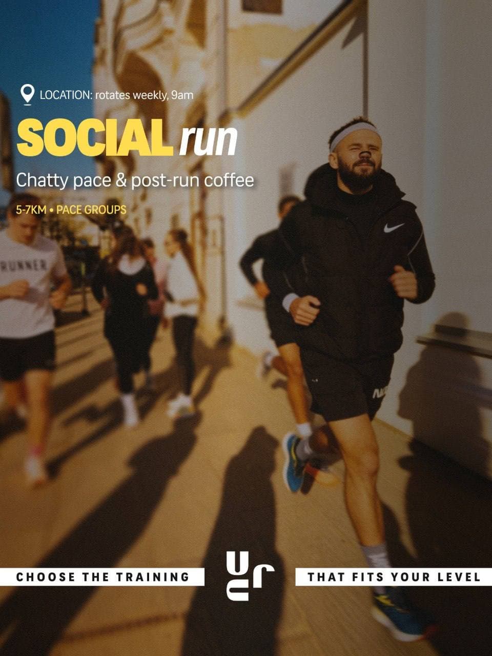 Runner leading a pack through Warsaw streets at golden hour